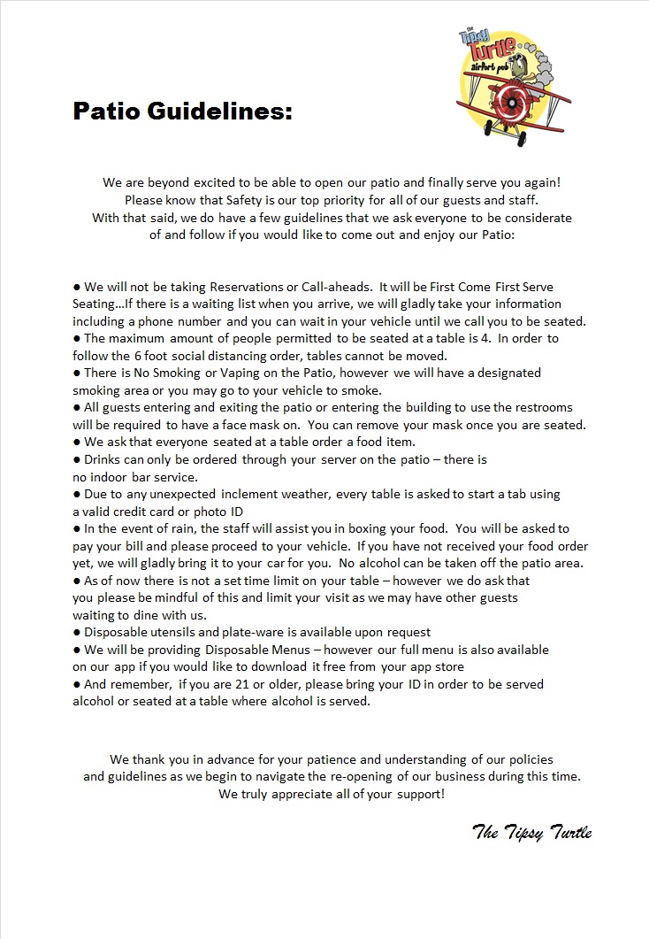Patio Guidelines Tipsy Turtle Pub Sports Bar Catering NEPA