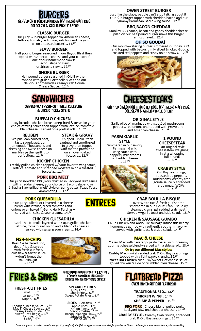 Owen Street Menu Tipsy Turtle Pub Sports Bar Catering Nepa